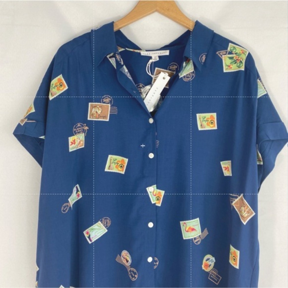 Jane + Delancey Tropical Flamingo Postage Stamp Shirt Women 3X Blue Resortwear - Picture 3 of 8